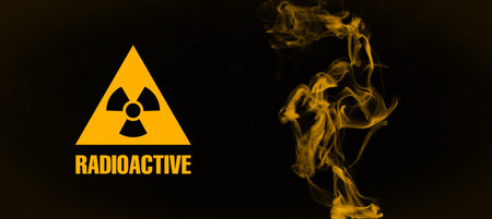 Radioactive sign and yellow toxic smoke against black background. Banner design