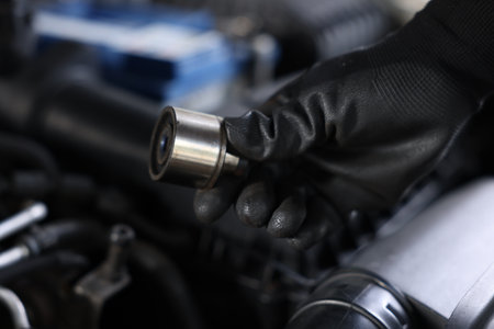 Auto part. Professional mechanic with bearings near open hood of car indoors, closeupの写真素材