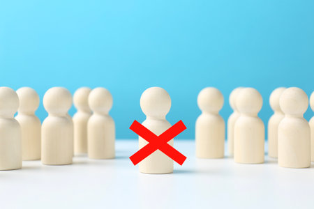 One human figure with red cross among others on white tableの写真素材