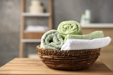 Fresh terry towels on wooden table in bathroom, closeup.の写真素材