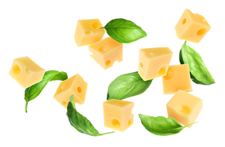 Cheese cubes and green basil leaves flying against white backgroundの写真素材
