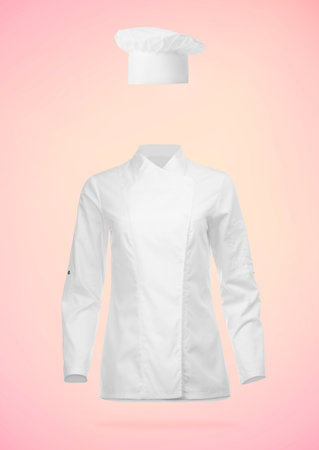 Chef's uniform in air against pink gradient background. Toque and jacketの写真素材