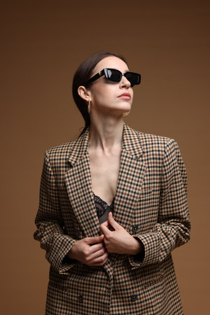 Portrait of beautiful woman in stylish outfit on brown backgroundの写真素材