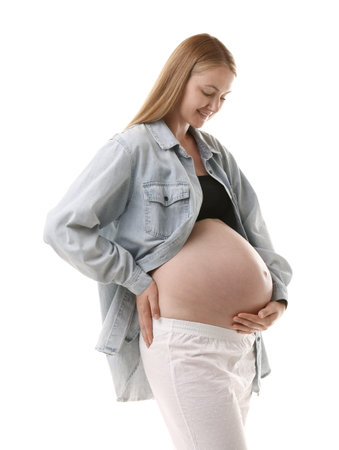 Portrait of beautiful pregnant woman on white background