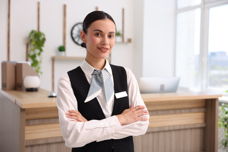 Portrait of smiling receptionist with crossed arms in hotelの写真素材