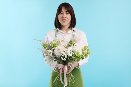 Florist with beautiful bouquet of flowers on light blue backgroundの写真素材