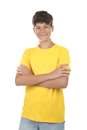 Portrait of teenage boy on white backgroundの写真素材