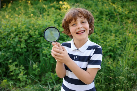 Cute little boy with magnifying glass in natureの写真素材