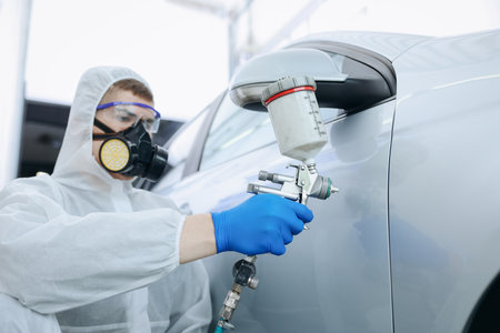 Worker painting car in body shop, selective focusの写真素材