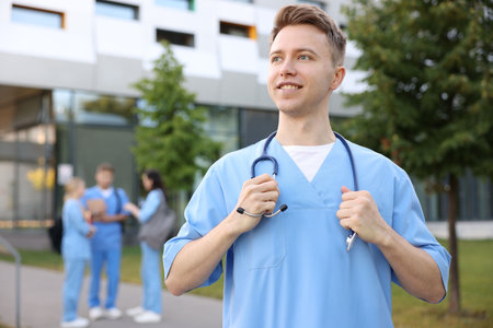 Medical student in uniform with stethoscope outdoors, selective focusの写真素材