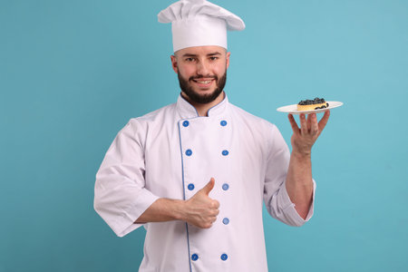 Happy confectioner in uniform holding tart of blueberries and showing thumbs up on light blue...