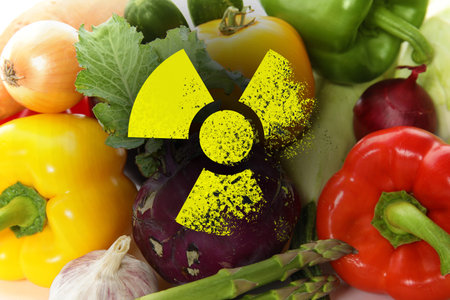 Fresh vegetables and radioactive sign. Environmental contamination, polluted foodの写真素材