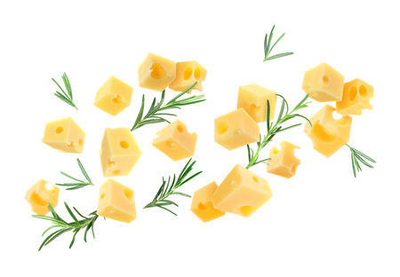 Cheese cubes and rosemary flying against white backgroundの写真素材