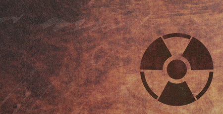 Black radioactive sign on brown textured background, banner design. Radiological pollution