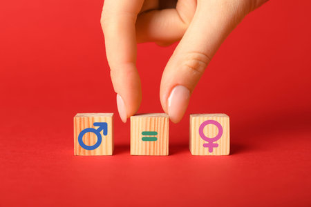 Sex education. Woman putting cube with equals sign between cubes with female and male gender symbols...