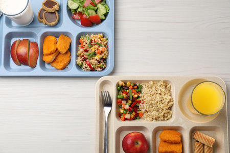 Plastic trays with tasty food, milk and orange juice on white wooden table, flat lay. School lunchの写真素材