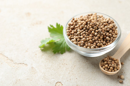 Coriander seeds in bowl, spoon and fresh cilantro leaf on color textured table, closeup. Space for textの写真素材