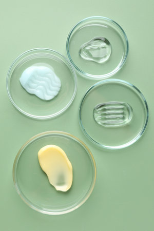 Different cosmetic products in Petri dishes on green background, flat lay