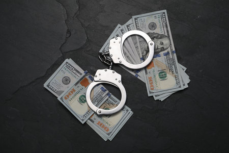 Corruption. Handcuffs and dollar bills on black table, flat layの写真素材