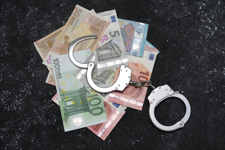 Corruption. Handcuffs and euro banknotes on dark table, flat layの写真素材