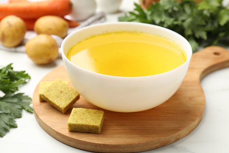 Aromatic bouillon cubes, broth, parsley and vegetables on white table, closeupの写真素材