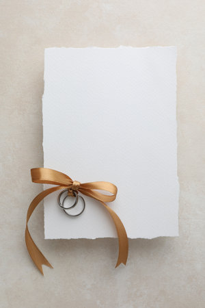 Wedding invitation card with silver rings on color textured table, top viewの写真素材
