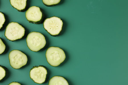 Slices of fresh cucumbers on green background, flat lay. Space for textの写真素材