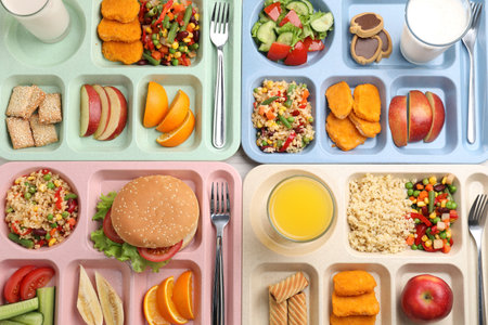 Plastic trays with tasty food, milk and orange juice on table, top view. School lunchの写真素材