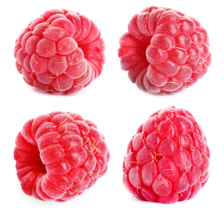 Fresh ripe raspberries isolated on white, set