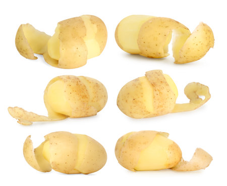 Fresh potatoes with peels isolated on white, setの写真素材