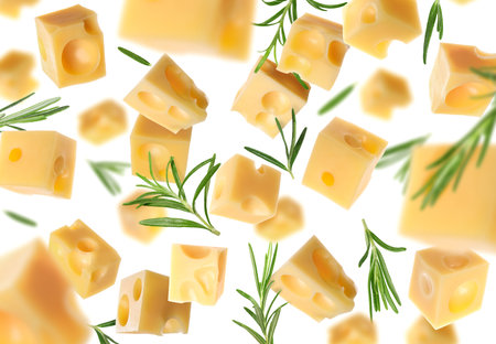 Cheese cubes and rosemary falling against white backgroundの写真素材