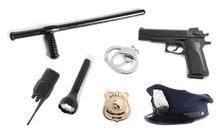 Set of police equipment isolated on whiteの写真素材