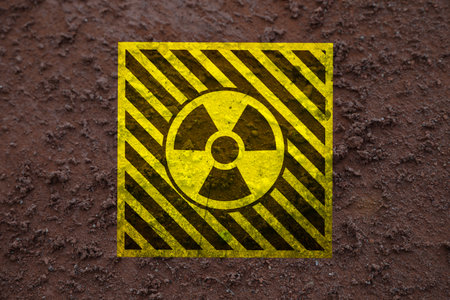 Yellow radioactive sign on brown ground, top view. Radiological pollutionの写真素材