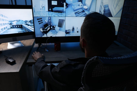 Security guard monitoring CCTV cameras in office at night, back view