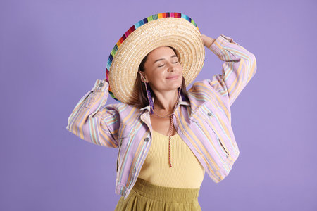 Beautiful woman in sombrero hat on violet background