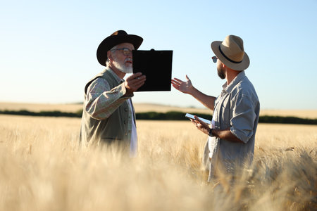 Farmers in field with ripe wheat outdoorsの写真素材