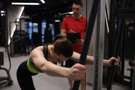 Young woman exercising with cable machine with professional personal trainer in gymの写真素材