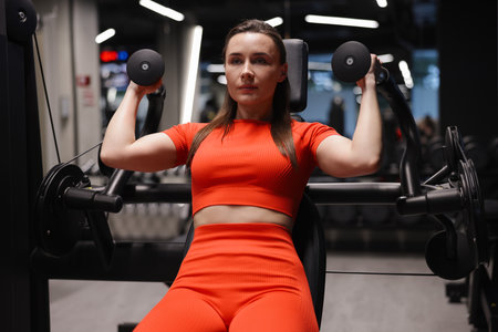 Young woman exercising with pull down machine in gymの写真素材