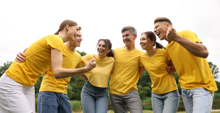 Team building. Group of happy people together outdoorsの写真素材