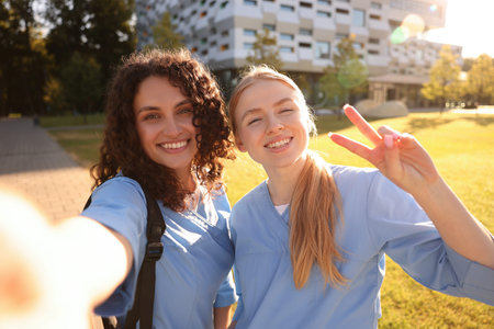 Medical students taking selfie outdoors on sunny day