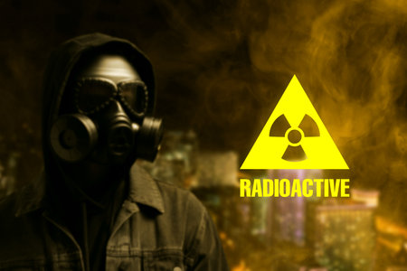 Radioactive hazard, warning sign. Man in hazmat suit and gas mask against polluted cityのeditorial素材