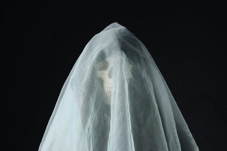 Creepy ghost. Skeleton covered with white sheet on black backgroundの写真素材