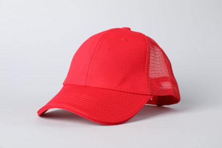 One red baseball cap on grey background, closeup. Mockup for design