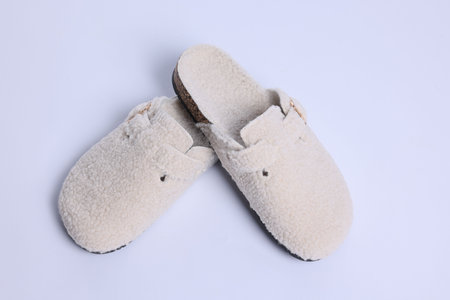 Pair of stylish slippers on white background, above view