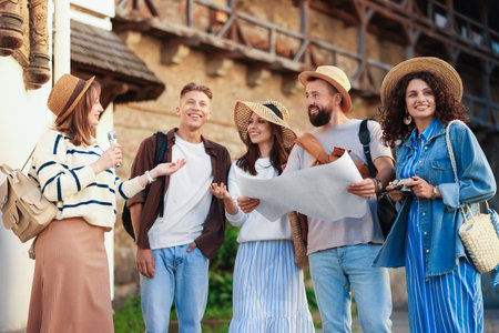 Guide with group of tourists on city street during excursion, low angle viewの写真素材