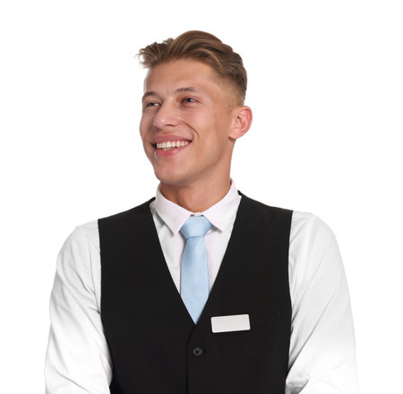 Smiling receptionist in uniform on white background
