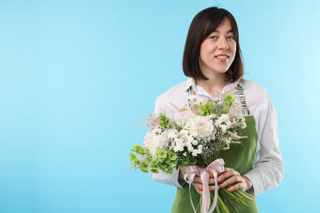 Florist with beautiful bouquet of flowers on light blue background, space for textの写真素材
