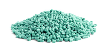 Pile of turquoise plastic granules isolated on white