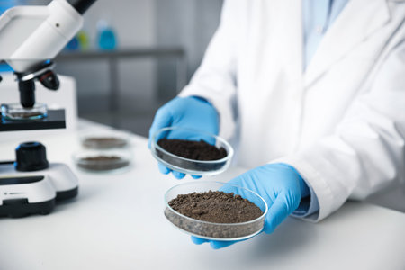 Scientist holding Petri dishes with soil samples at white table indoors, closeup