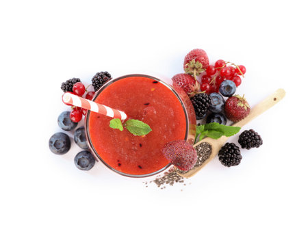 Superfood. Tasty smoothie in glass and ingredients isolated on white, top viewの写真素材